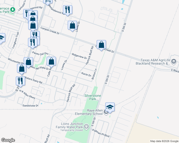 map of restaurants, bars, coffee shops, grocery stores, and more near 523 Karey Drive in Temple