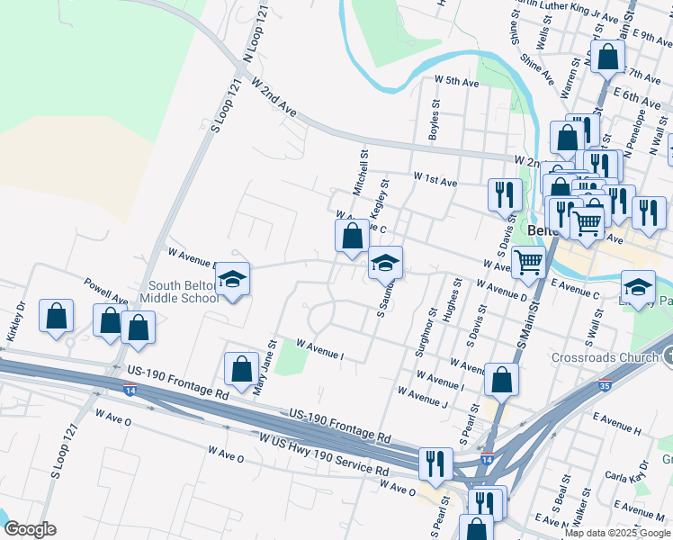 map of restaurants, bars, coffee shops, grocery stores, and more near 810 Mitchell St in Belton