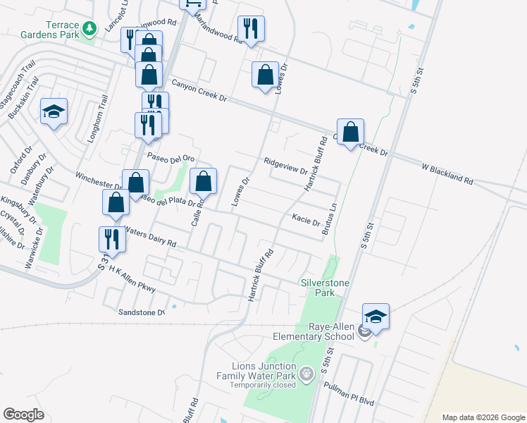 map of restaurants, bars, coffee shops, grocery stores, and more near 821 Kacie Drive in Temple