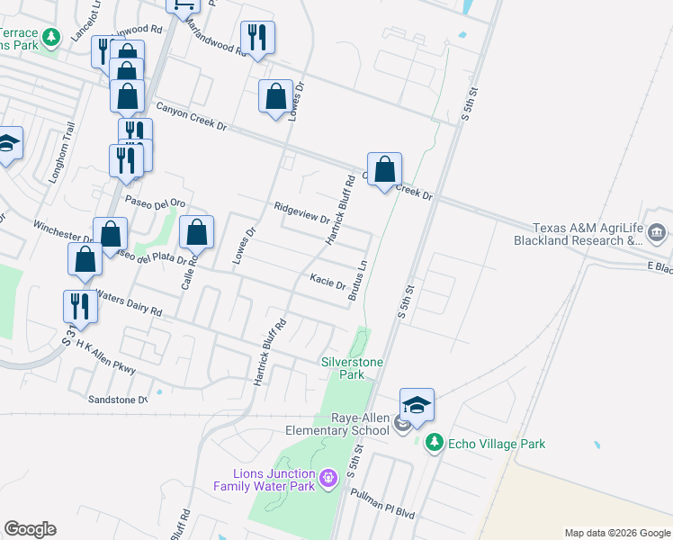 map of restaurants, bars, coffee shops, grocery stores, and more near 603 Karey Drive in Temple