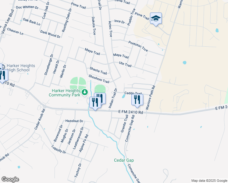 map of restaurants, bars, coffee shops, grocery stores, and more near 2300 Indian Trail in Harker Heights