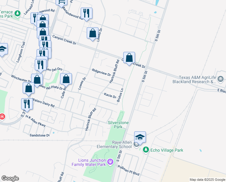 map of restaurants, bars, coffee shops, grocery stores, and more near 603 Karey Drive in Temple