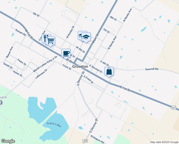 map of restaurants, bars, coffee shops, grocery stores, and more near 287 East 1st Street in Groveton