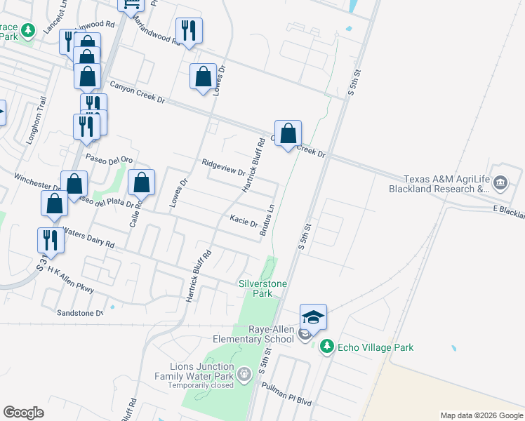 map of restaurants, bars, coffee shops, grocery stores, and more near 505 Karey Drive in Temple