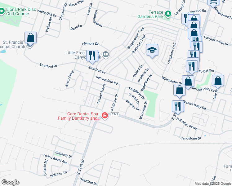 map of restaurants, bars, coffee shops, grocery stores, and more near 5008 J I Bruce Drive in Temple