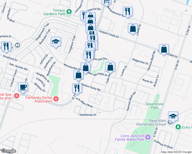 map of restaurants, bars, coffee shops, grocery stores, and more near 4801 Calle Nogal in Temple
