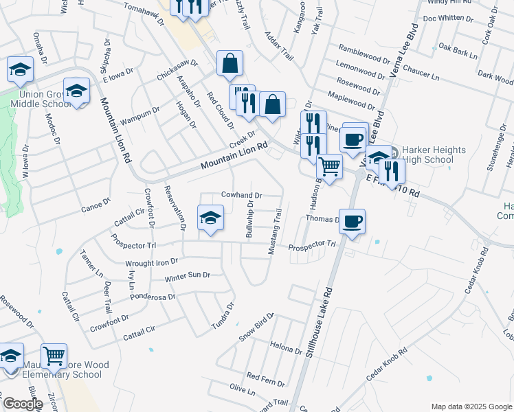 map of restaurants, bars, coffee shops, grocery stores, and more near 703 Black Hills Trail in Harker Heights