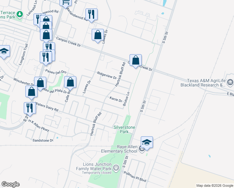 map of restaurants, bars, coffee shops, grocery stores, and more near 609 Karey Drive in Temple