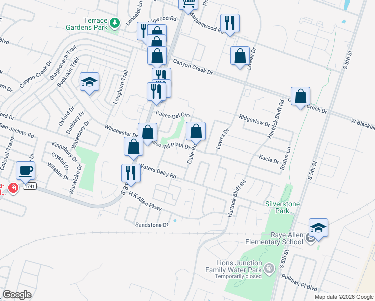 map of restaurants, bars, coffee shops, grocery stores, and more near 1209 Paseo del Plata Drive in Temple