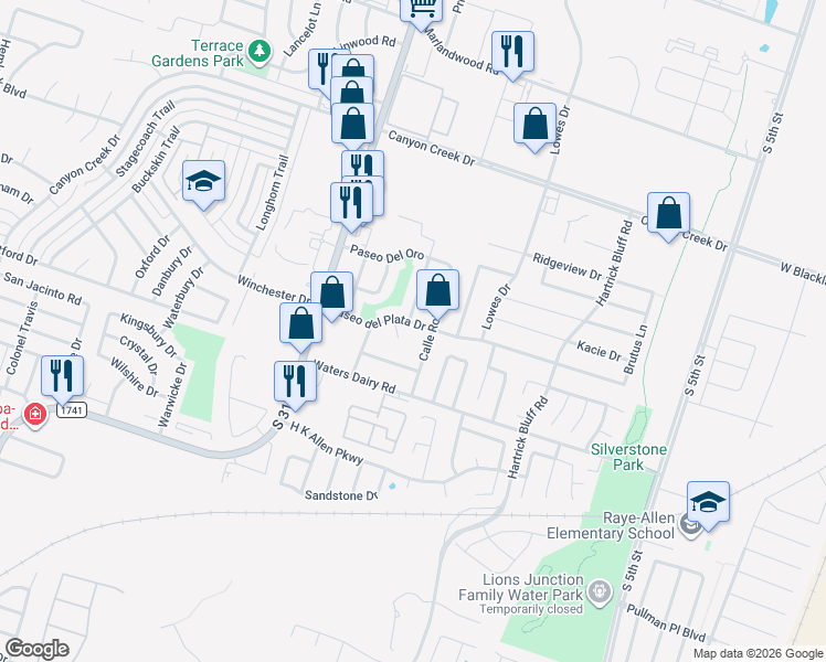 map of restaurants, bars, coffee shops, grocery stores, and more near 1209 Paseo del Plata Drive in Temple