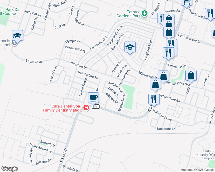 map of restaurants, bars, coffee shops, grocery stores, and more near 2512 Crystal Drive in Temple