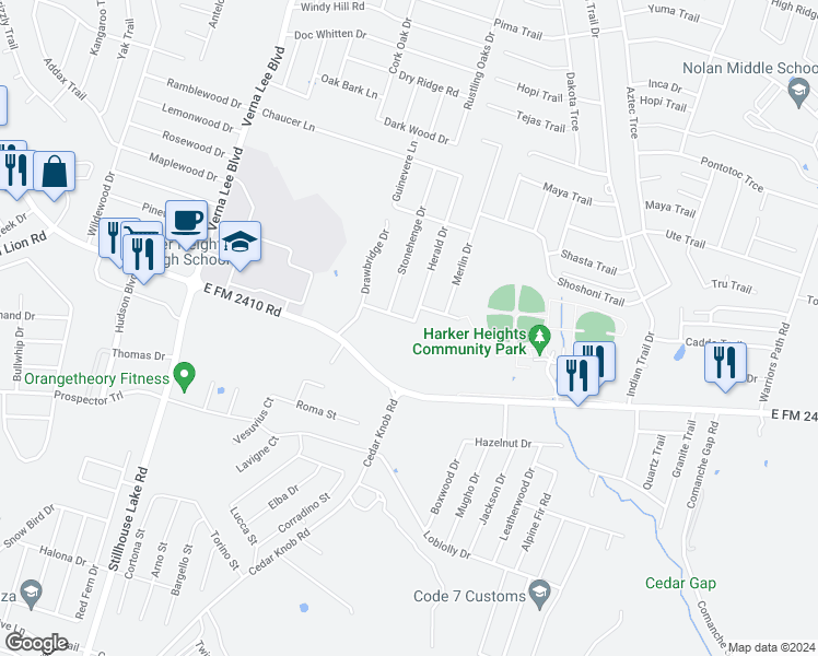 map of restaurants, bars, coffee shops, grocery stores, and more near 1218 Lancelot Drive in Harker Heights