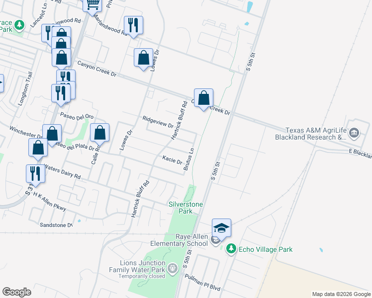 map of restaurants, bars, coffee shops, grocery stores, and more near 510 Karey Drive in Temple