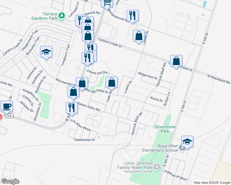 map of restaurants, bars, coffee shops, grocery stores, and more near 4615 Canyon Ridge in Temple