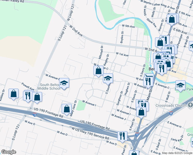 map of restaurants, bars, coffee shops, grocery stores, and more near 810 Mitchell Street in Belton
