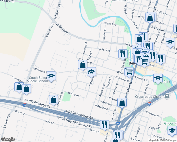 map of restaurants, bars, coffee shops, grocery stores, and more near 711 West Avenue D in Belton