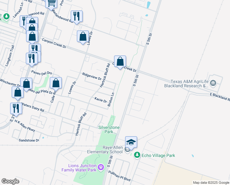 map of restaurants, bars, coffee shops, grocery stores, and more near 4421 Brutus Lane in Temple