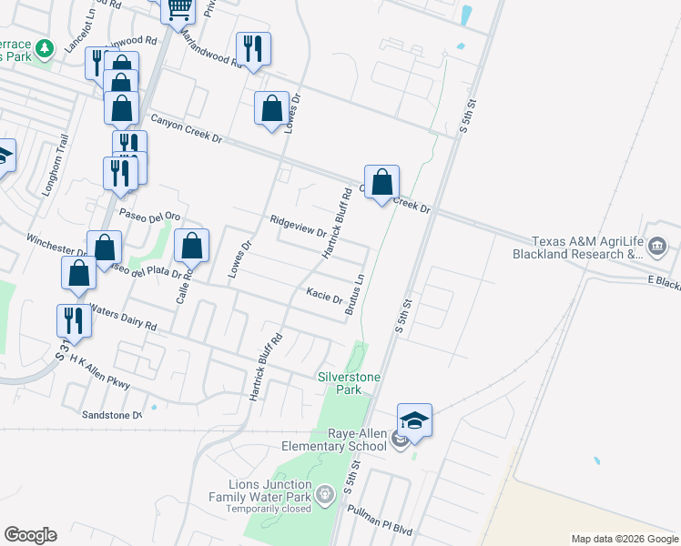 map of restaurants, bars, coffee shops, grocery stores, and more near 522 Karey Drive in Temple