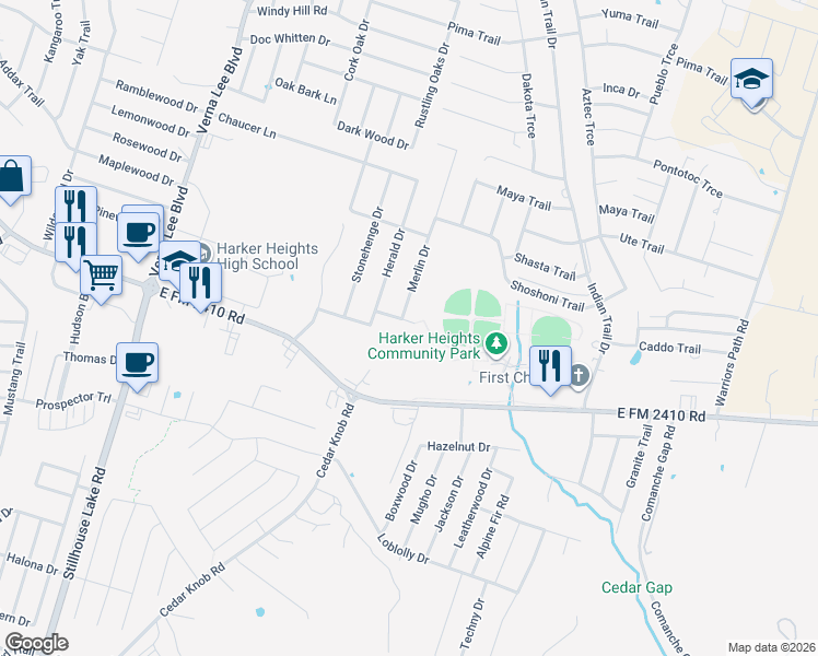 map of restaurants, bars, coffee shops, grocery stores, and more near 1411 Castle Ridge Drive in Harker Heights