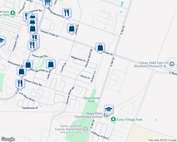 map of restaurants, bars, coffee shops, grocery stores, and more near 603 Karey Drive in Temple