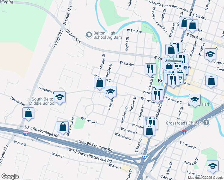 map of restaurants, bars, coffee shops, grocery stores, and more near 421 Saunders Street in Belton