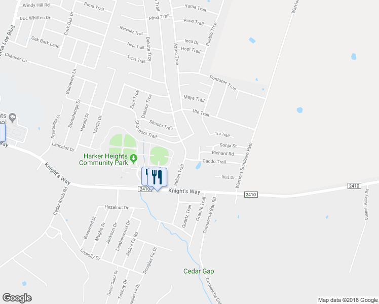 map of restaurants, bars, coffee shops, grocery stores, and more near 2300 Indian Trail in Harker Heights