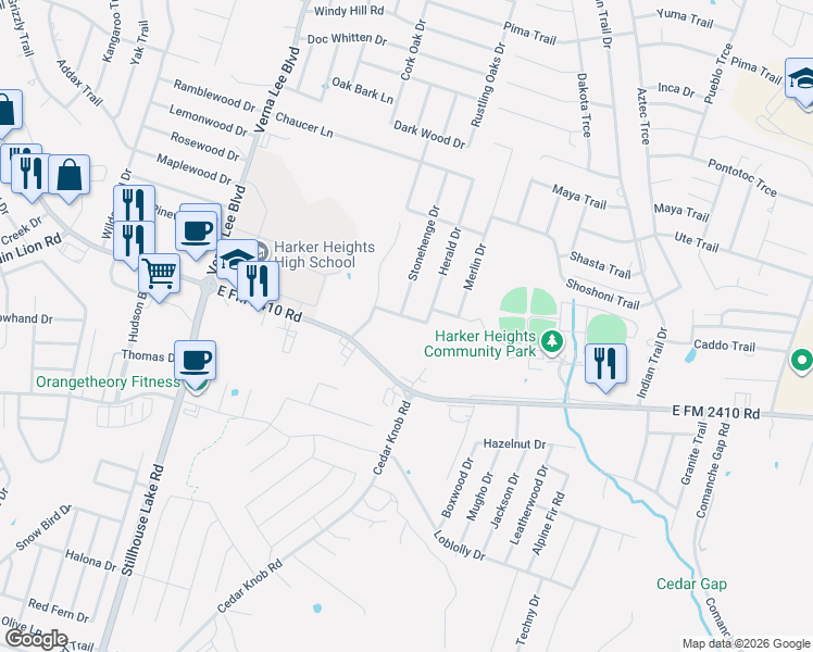 map of restaurants, bars, coffee shops, grocery stores, and more near 1206 Lancelot Drive in Harker Heights