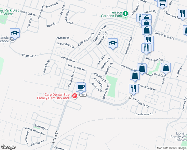 map of restaurants, bars, coffee shops, grocery stores, and more near 2512 Crystal Drive in Temple