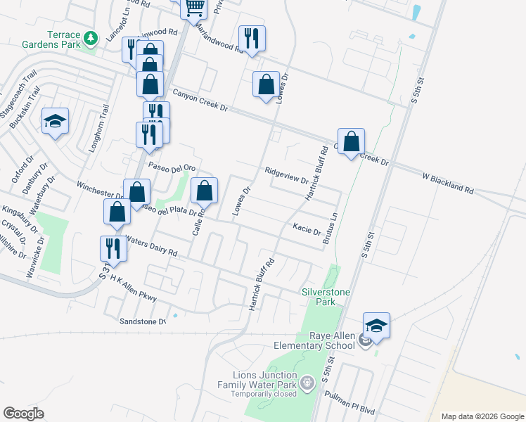 map of restaurants, bars, coffee shops, grocery stores, and more near 821 Kacie Drive in Temple