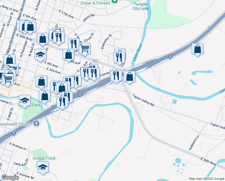 map of restaurants, bars, coffee shops, grocery stores, and more near 1613 Taylor Valley Road in Belton