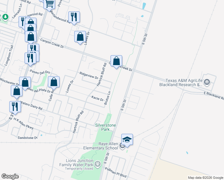 map of restaurants, bars, coffee shops, grocery stores, and more near 4421 Brutus Lane in Temple