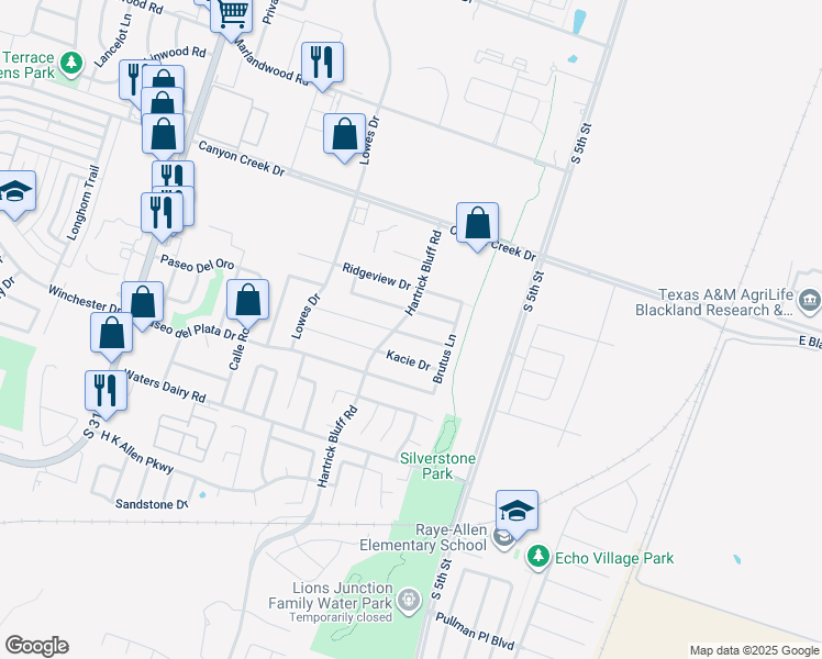map of restaurants, bars, coffee shops, grocery stores, and more near 603 Karey Drive in Temple