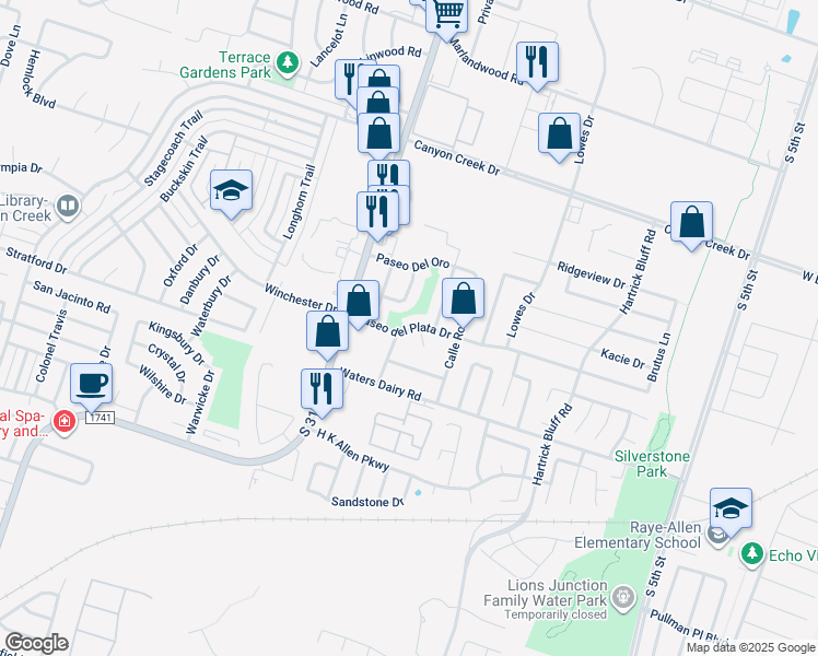 map of restaurants, bars, coffee shops, grocery stores, and more near 4801 Calle Nogal in Temple