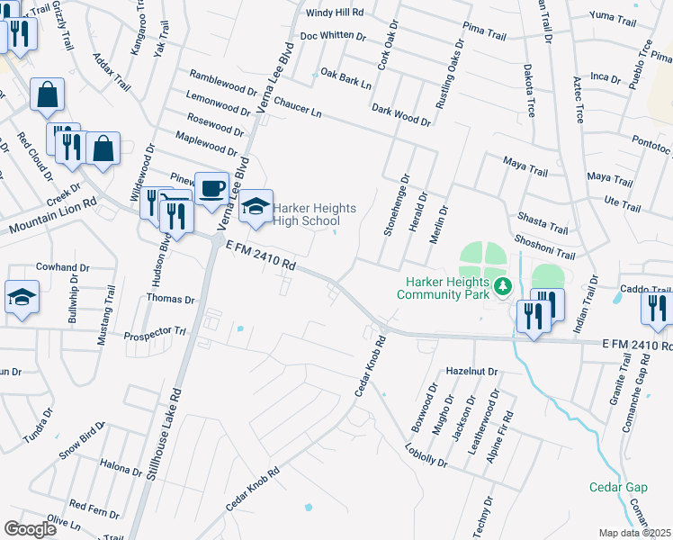map of restaurants, bars, coffee shops, grocery stores, and more near in Harker Heights