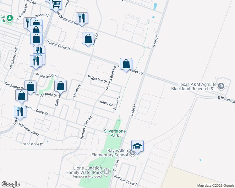 map of restaurants, bars, coffee shops, grocery stores, and more near 505 Kendra Drive in Temple