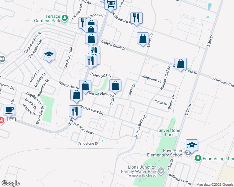 map of restaurants, bars, coffee shops, grocery stores, and more near 4615 Canyon Ridge in Temple