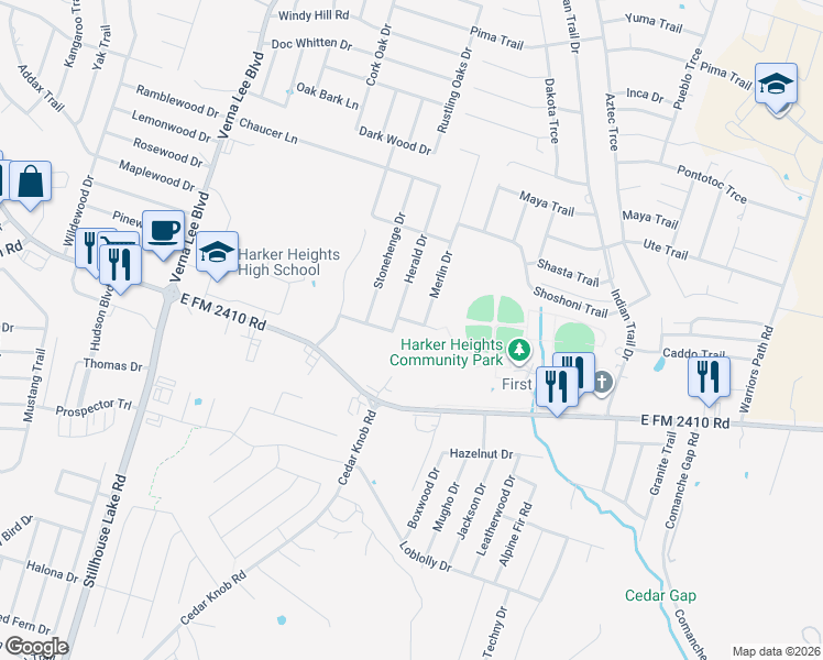 map of restaurants, bars, coffee shops, grocery stores, and more near 1411 Castle Ridge Drive in Harker Heights