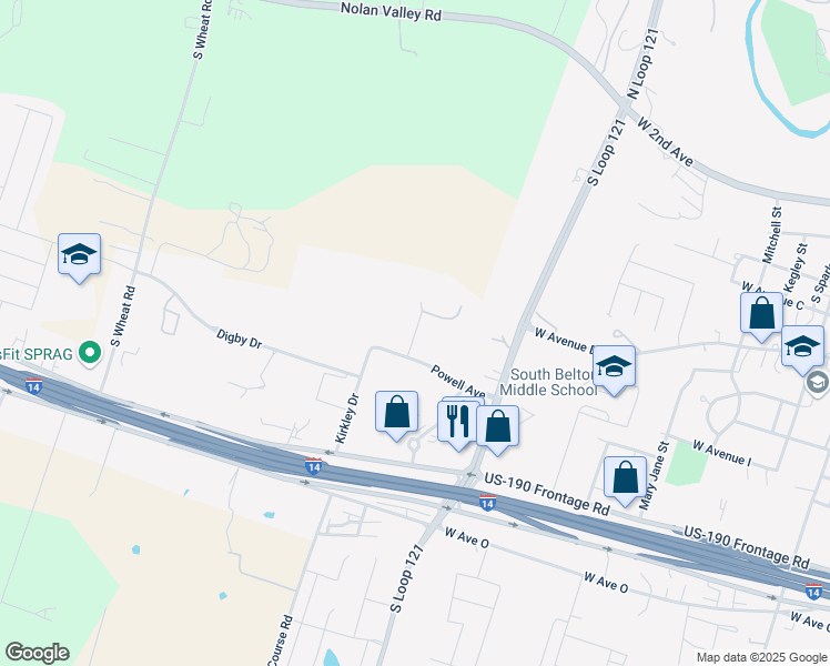 map of restaurants, bars, coffee shops, grocery stores, and more near Kennedy Court in Belton