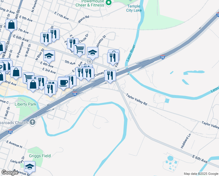 map of restaurants, bars, coffee shops, grocery stores, and more near 1613 Taylor Valley Road in Belton