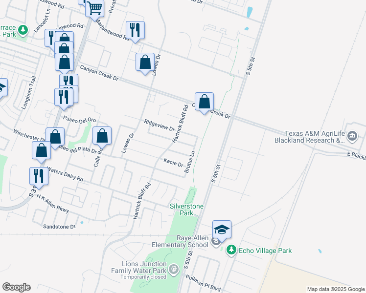 map of restaurants, bars, coffee shops, grocery stores, and more near 603 Kendra Drive in Temple