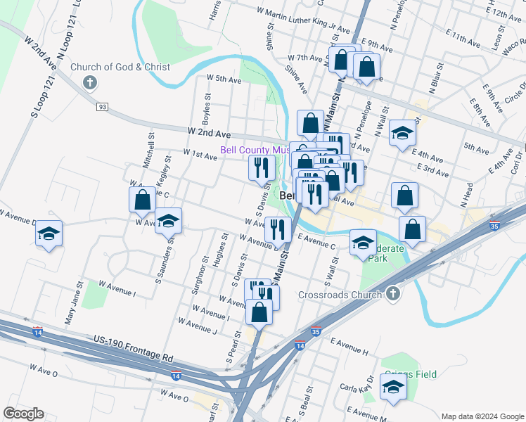 map of restaurants, bars, coffee shops, grocery stores, and more near 213 West Avenue C in Belton