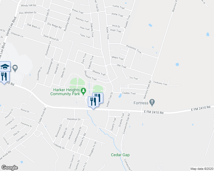 map of restaurants, bars, coffee shops, grocery stores, and more near 2300 Indian Trail in Harker Heights