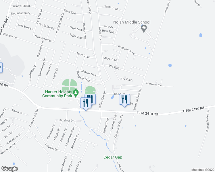 map of restaurants, bars, coffee shops, grocery stores, and more near 2000 Indian Trail in Harker Heights
