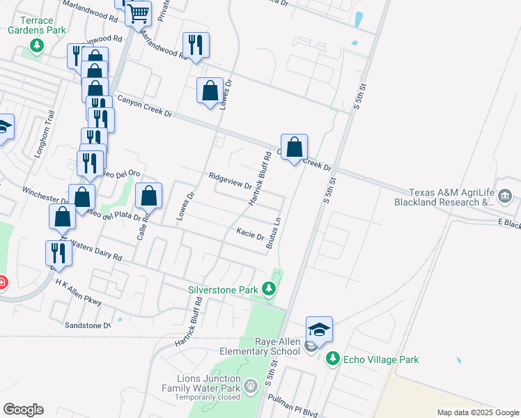 map of restaurants, bars, coffee shops, grocery stores, and more near 609 Kendra Drive in Temple