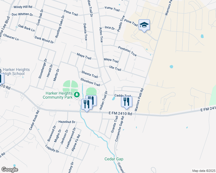 map of restaurants, bars, coffee shops, grocery stores, and more near 2000 Indian Trail in Harker Heights