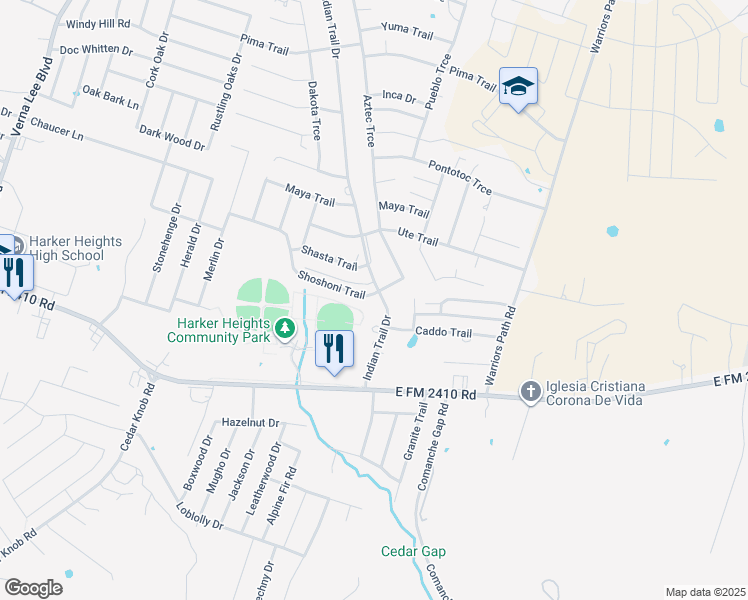 map of restaurants, bars, coffee shops, grocery stores, and more near 2000 Indian Trail in Harker Heights