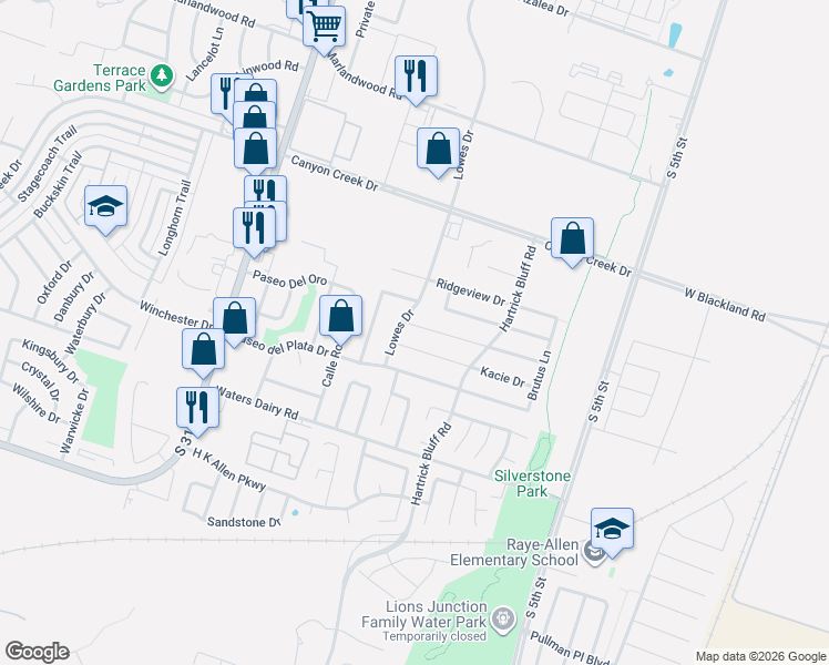map of restaurants, bars, coffee shops, grocery stores, and more near 4420 Lowes Drive in Temple