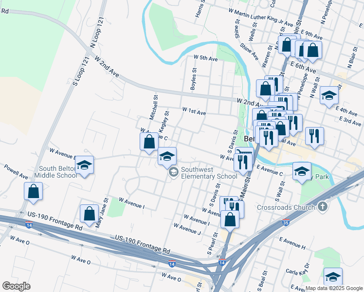 map of restaurants, bars, coffee shops, grocery stores, and more near 511 West Avenue C in Belton