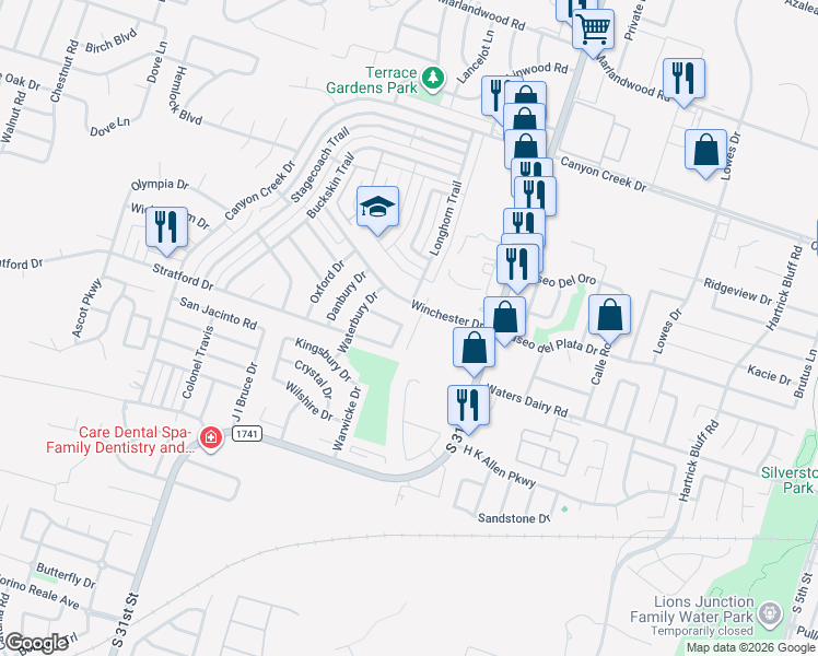 map of restaurants, bars, coffee shops, grocery stores, and more near 4601 Stratford Court in Temple