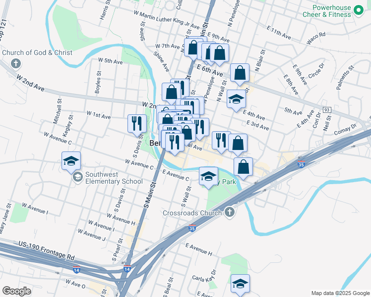 map of restaurants, bars, coffee shops, grocery stores, and more near 211 East Central Avenue in Bell